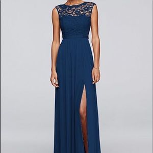 Navy blue long ballgown lace dress